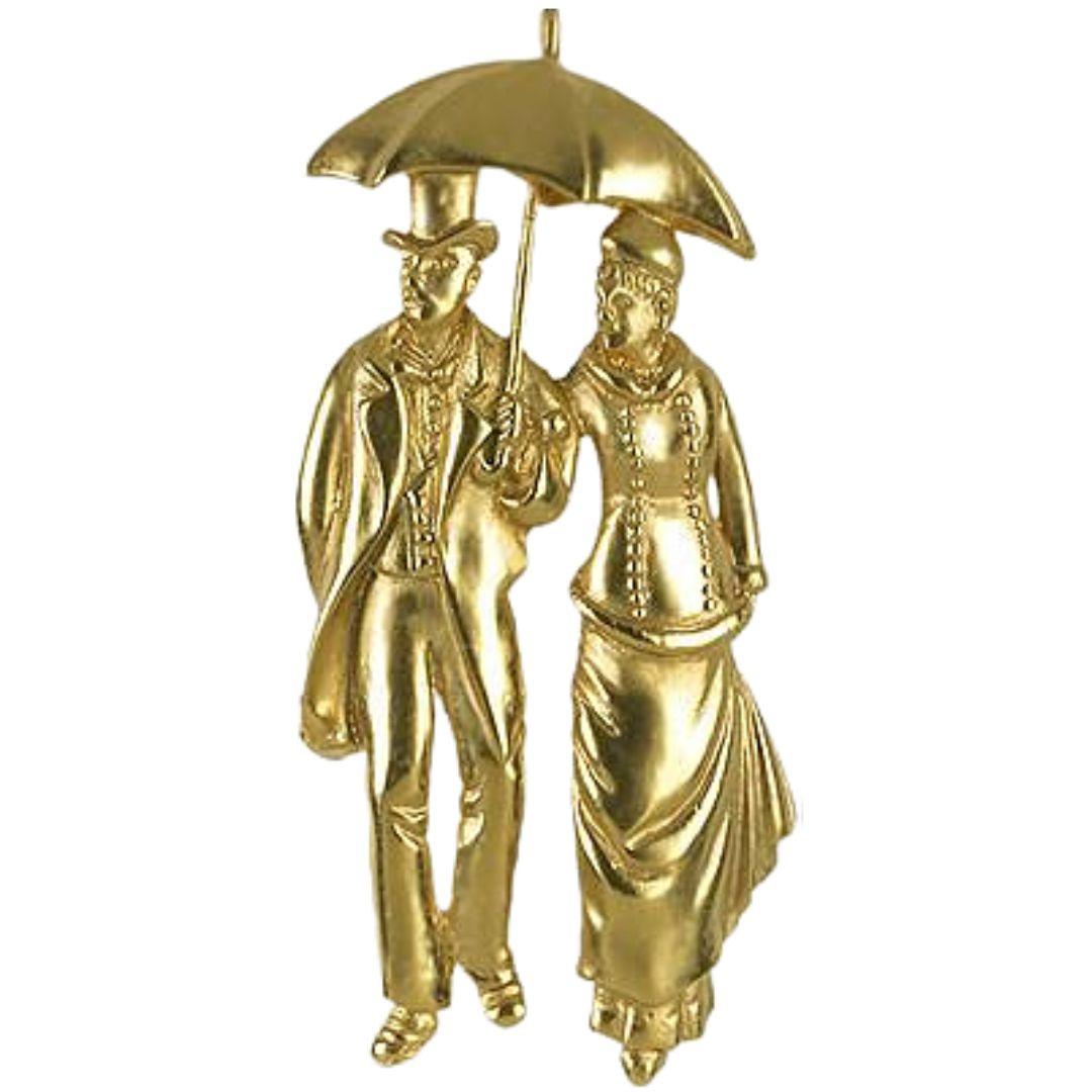 Caillebotte Paris on Rainy Day Couple Under Umbrella Pin Gold Brooch Museum Jewelry 2.1H - Museumize.com