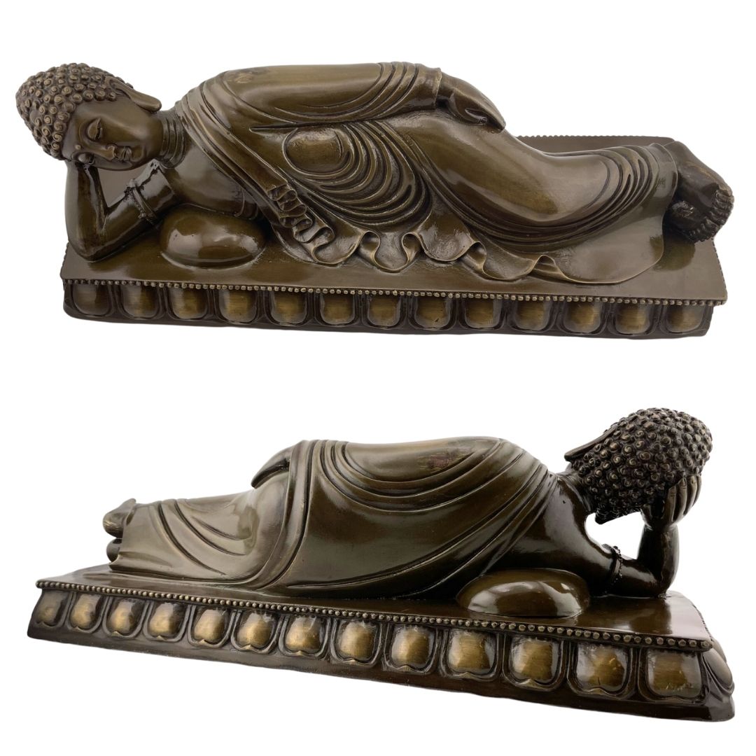 Reclining Buddha Nirvana Pose Bronze Metal Statue 13.25L AS IS ATTIC no returns