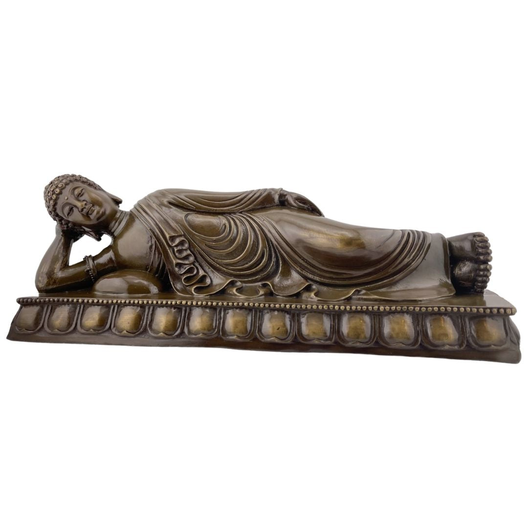 Reclining Buddha Nirvana Pose Bronze Metal Statue 13.25L AS IS ATTIC no returns