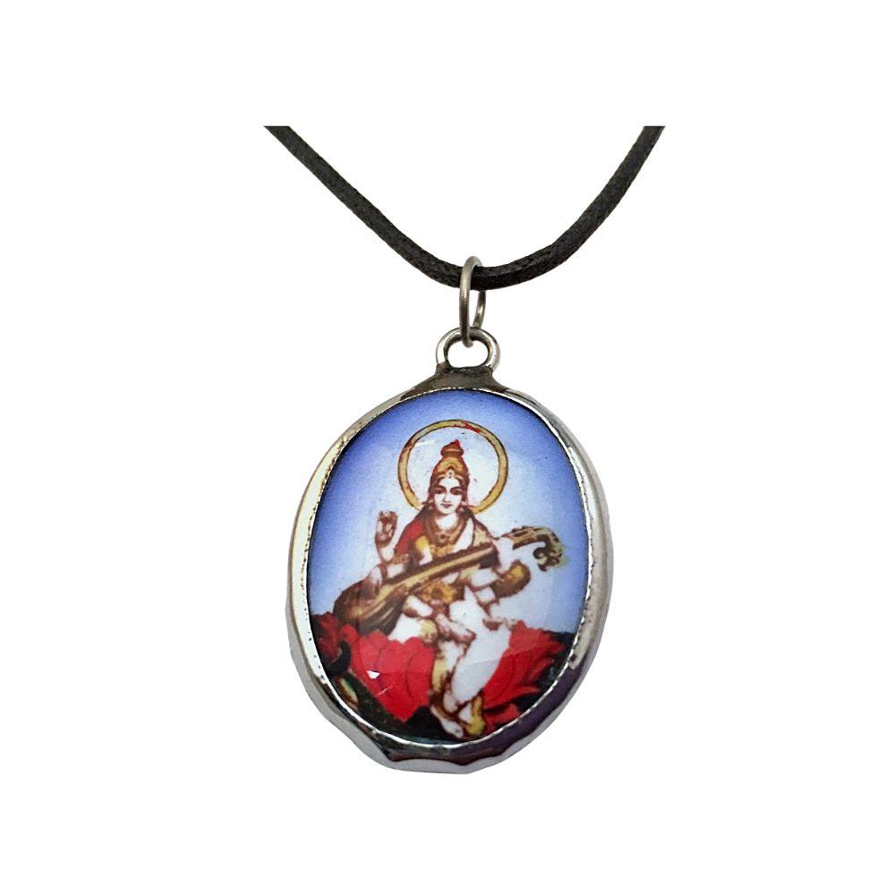 Woman Playing Vina or Sitar Color Ceramic Pendant Unisex Necklace on Cord - Museumize.com