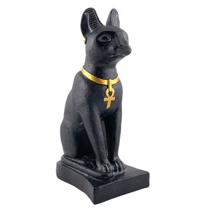 Bastet Egyptian Cat Statue Wearing Ankh Necklace Black and Gold 7H