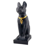 Bastet Egyptian Cat Statue Wearing Ankh Necklace Black and Gold 7H