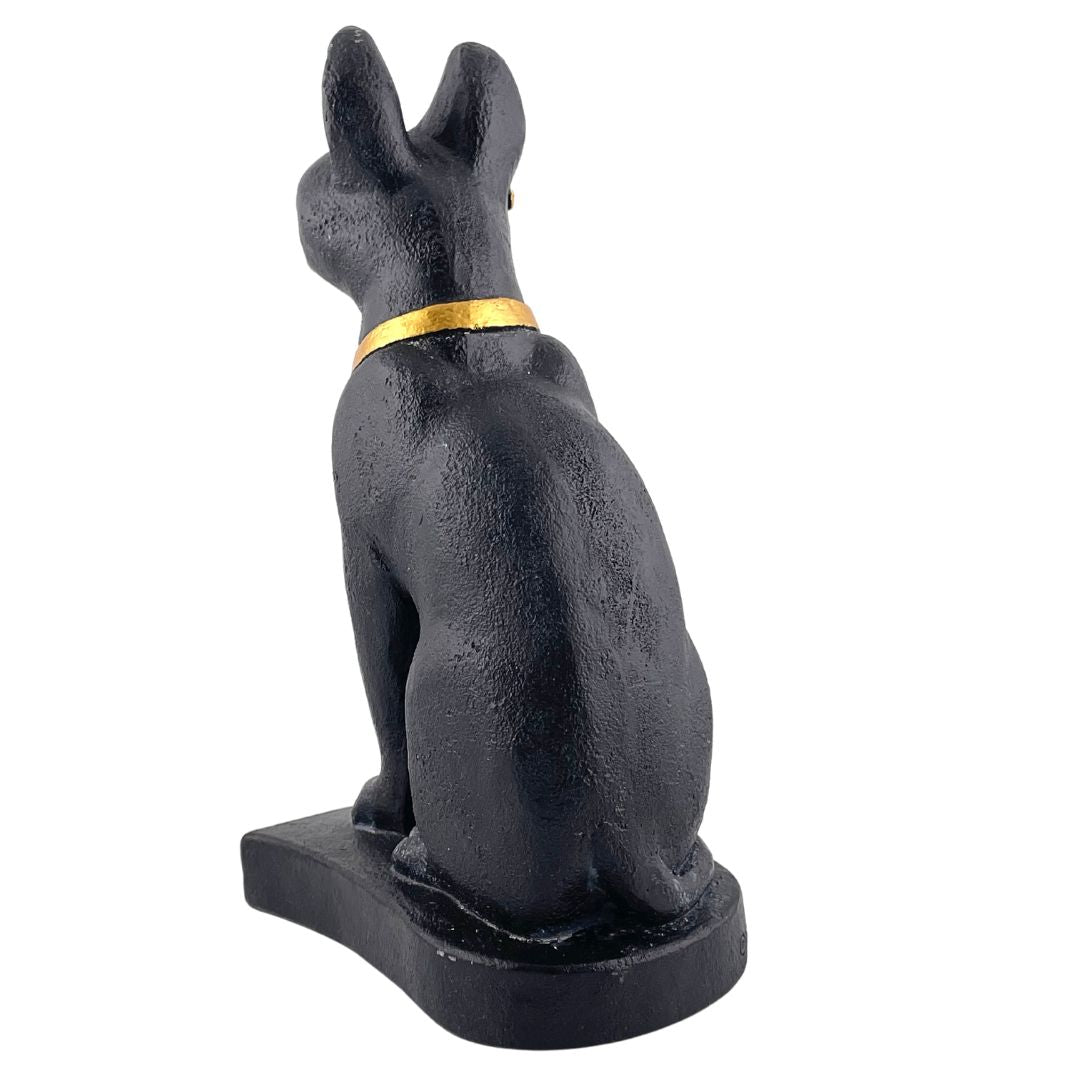 Bastet Egyptian Cat Statue Wearing Ankh Necklace Black and Gold 7H