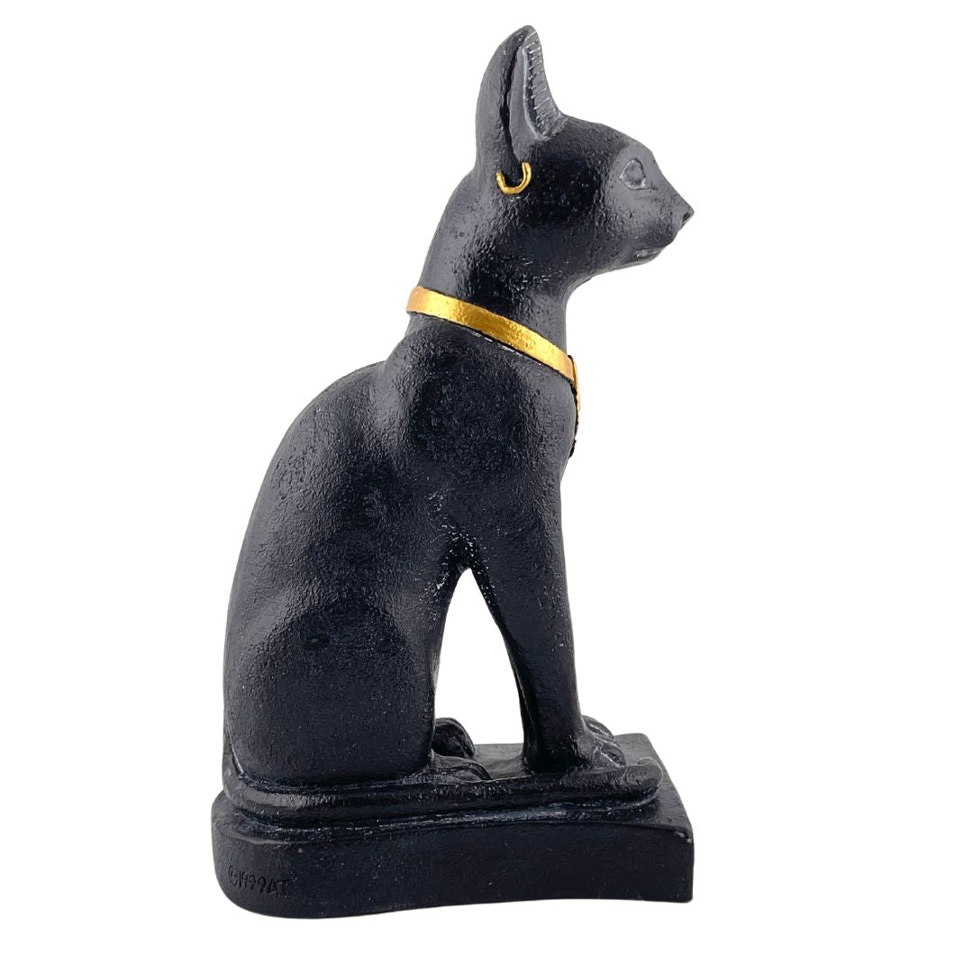 Bastet Egyptian Cat Statue Wearing Ankh Necklace Black and Gold 7H