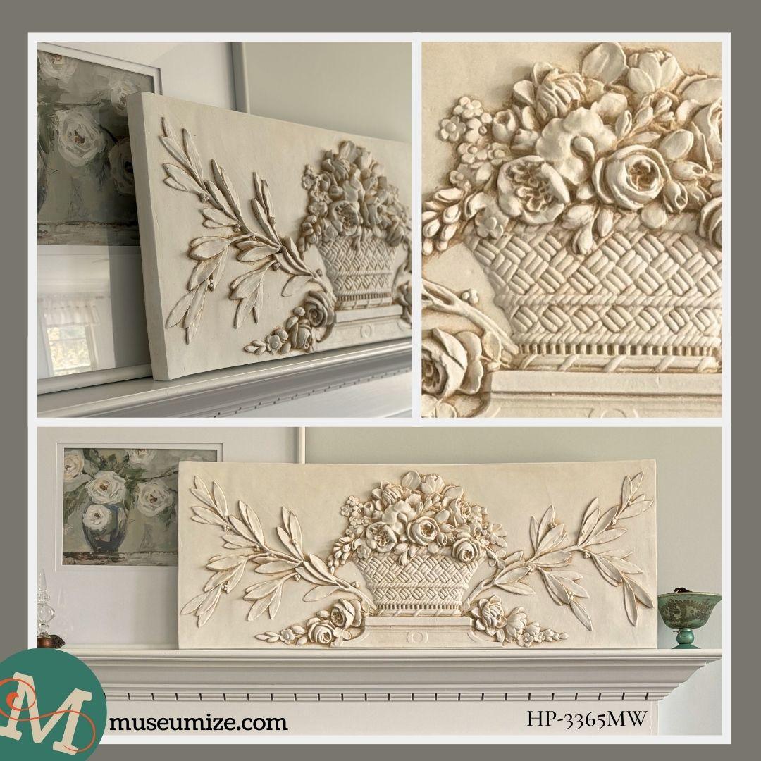 Wall Plaques - Flower Basket Large Wide Romantic Vintage Wall Sculpture 16H x 40.5W - Museumize.com