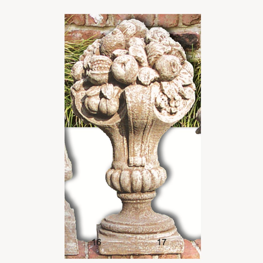 Garden Finial - Fruit and Flower Basket Cement Lawn Ornament 28H x 19W