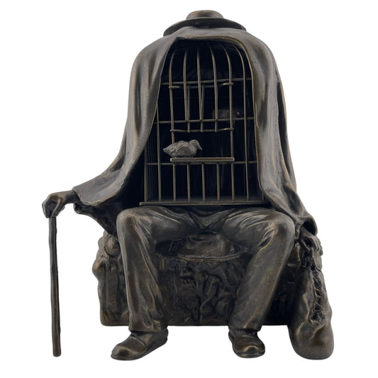 Magritte Healer (le Therapeute) Man with Birdcage Body Seated on Rock Surrealism Statue 7.75H