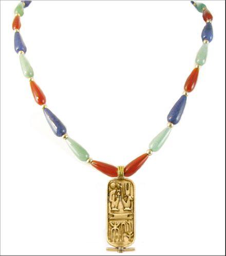 Egyptian-Inspired Cartouche Necklace with Lapis, Carnelian, and Aventurine Beads - Museumize.com