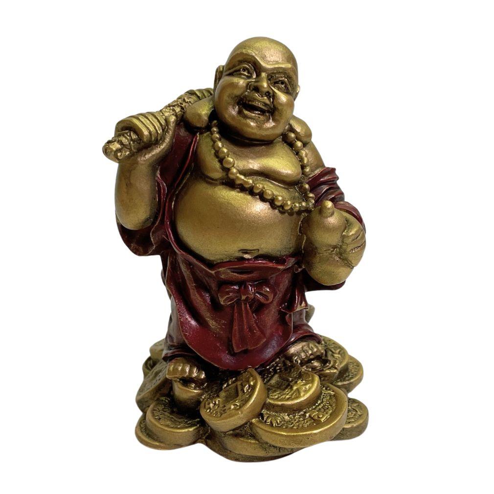 Mini Figurine - Hotai Laughing on Coins Gold and Red Miniature 3.5H - Museumize.com