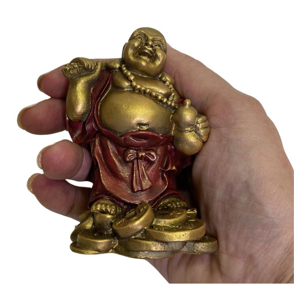 Mini Figurine - Hotai Laughing on Coins Gold and Red Miniature 3.5H - Museumize.com