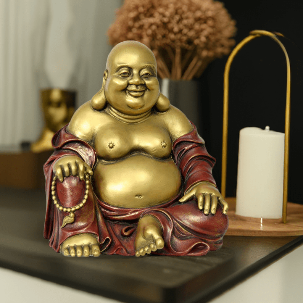 Happy Buddha Figurine Gold and Red Decorative Home Decor Statue 6.5-in - Museumize.com