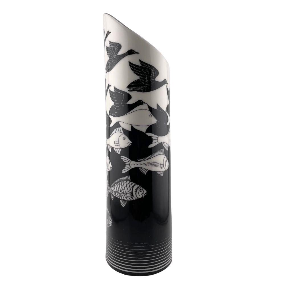 Escher Air Water Birds Fish Tessellations Ceramic Oval Black White Flower Vase 10.5H - Museumize.com