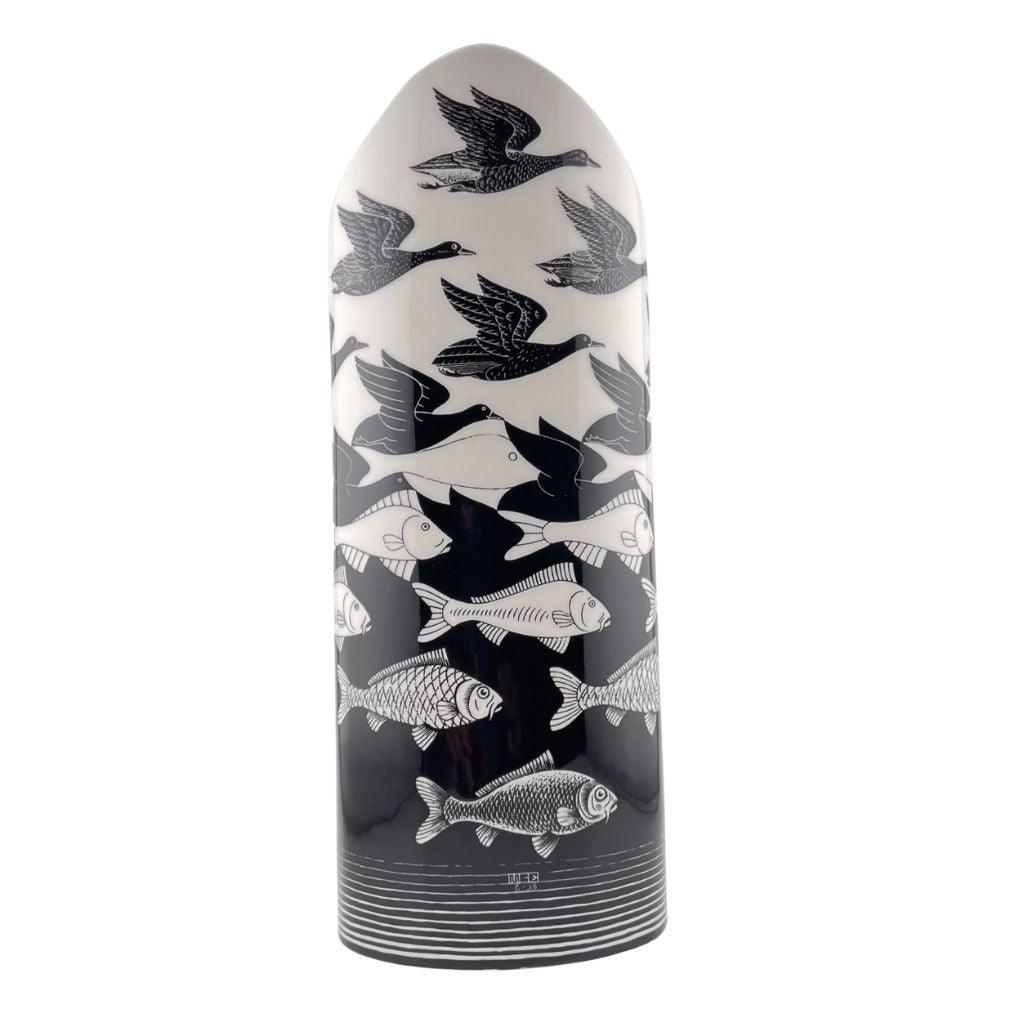 Escher Air Water Birds Fish Tessellations Ceramic Oval Black White Flower Vase 10.5H - Museumize.com