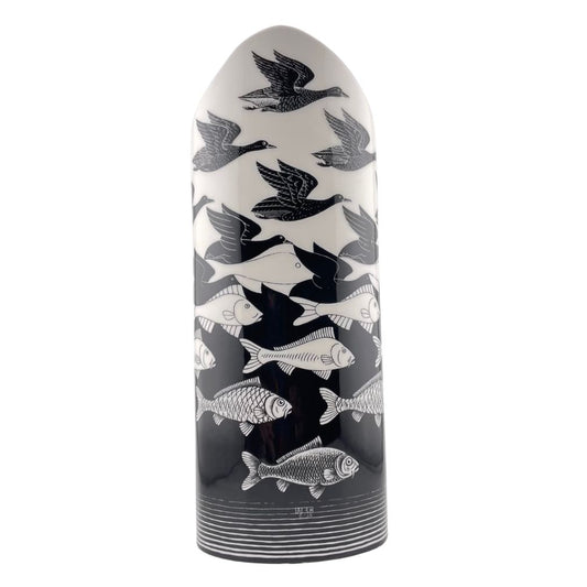 Escher Air Water Birds Fish Tessellations Ceramic Oval Black White Flower Vase 10.5H