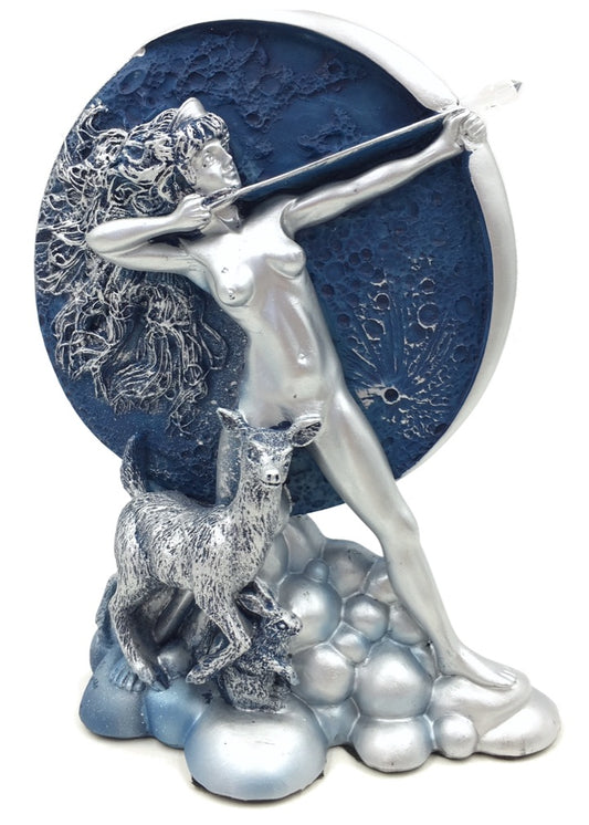 Diana Moon Goddess Shooting Arrow with Blue Moon Statue Figurine 7.5H