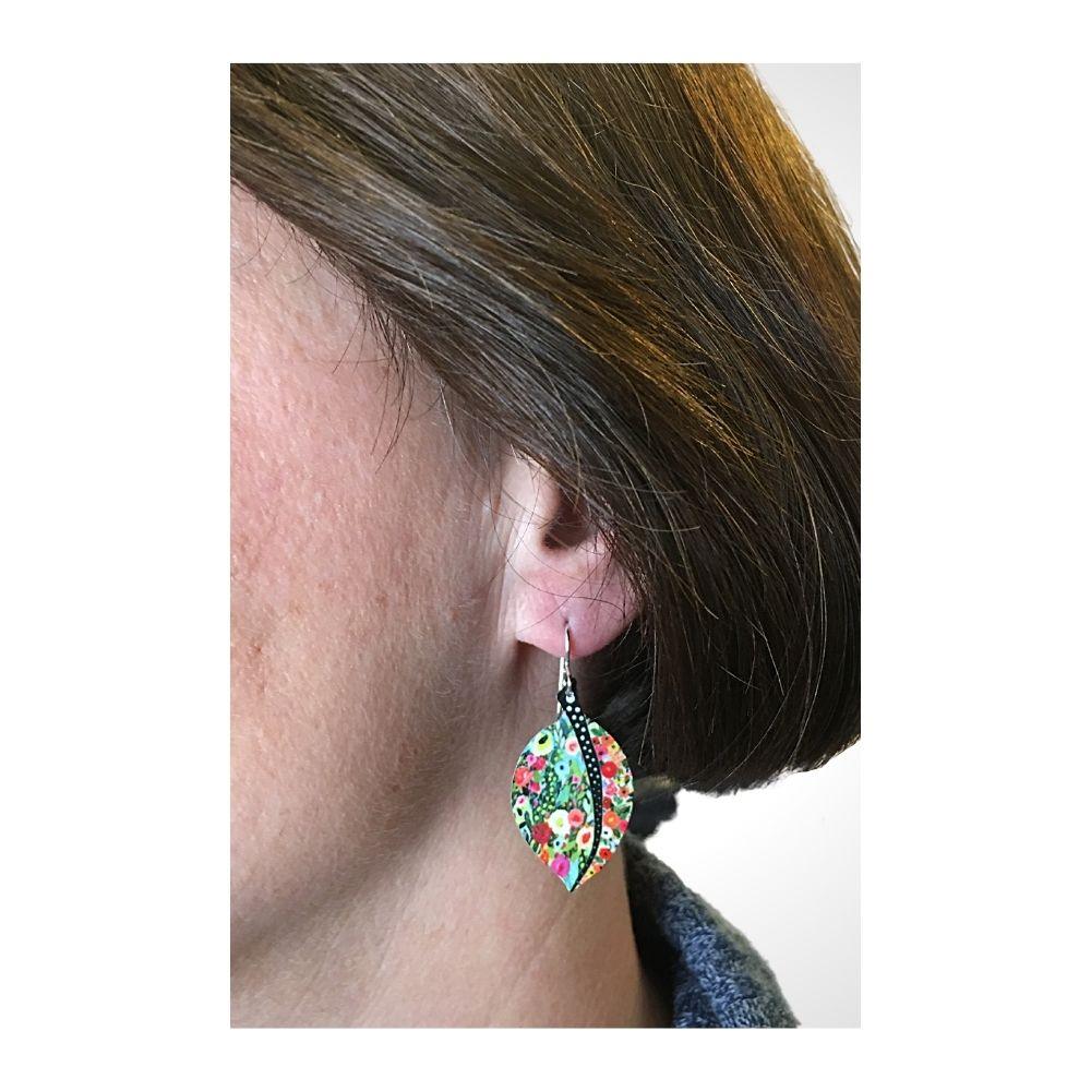 Leaf Shaped Earrings Spring Flower Pattern Aluminum Handmade Artisan Earrings 1.75L - Museumize.com