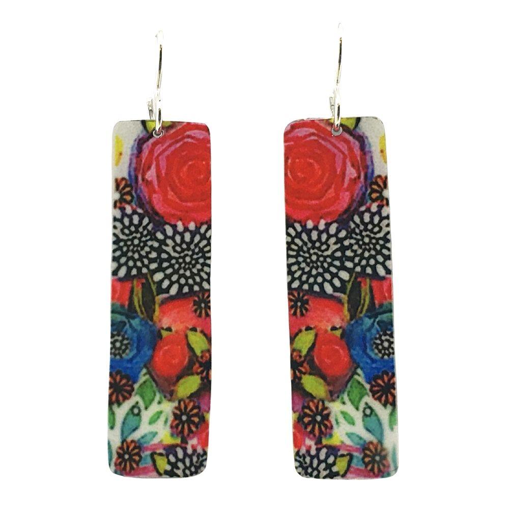 Summer Garden Red Flower Rectangle Dangle Handmade Aluminum Artisan Earrings 2L - Museumize.com