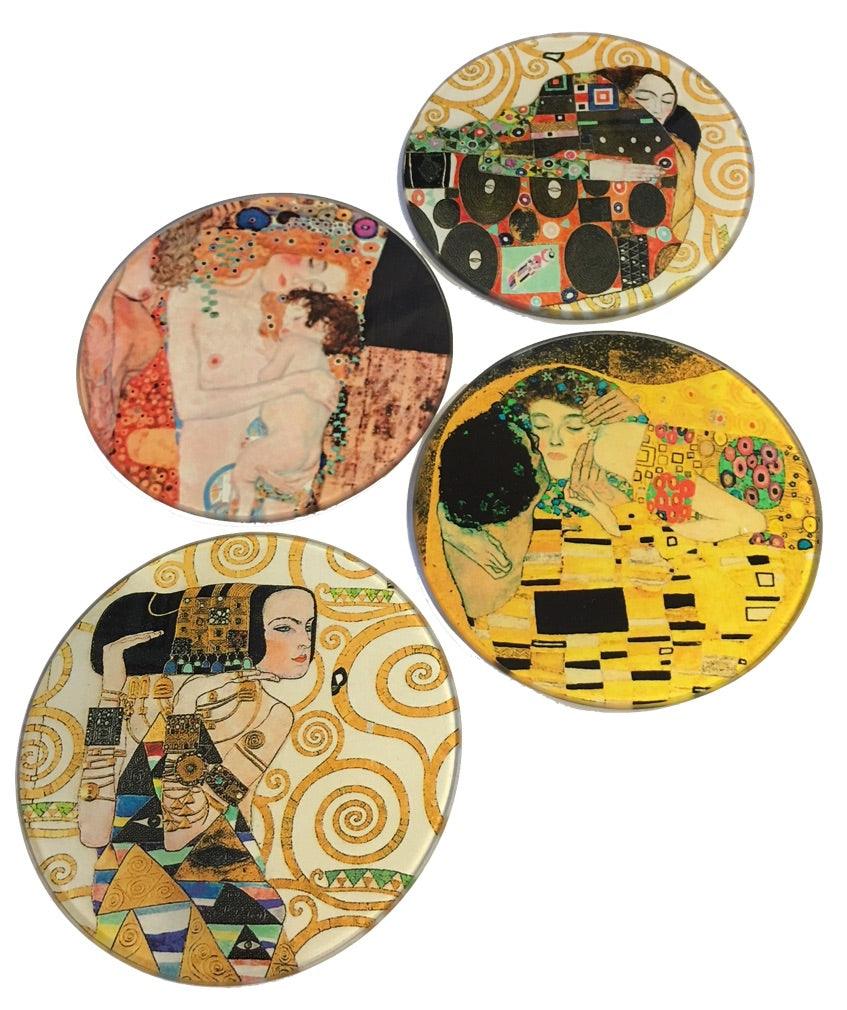 Klimt Paintings Glass Drink Bar Coffee Table Coasters Set of 4 with Storage Stand - Museumize.com