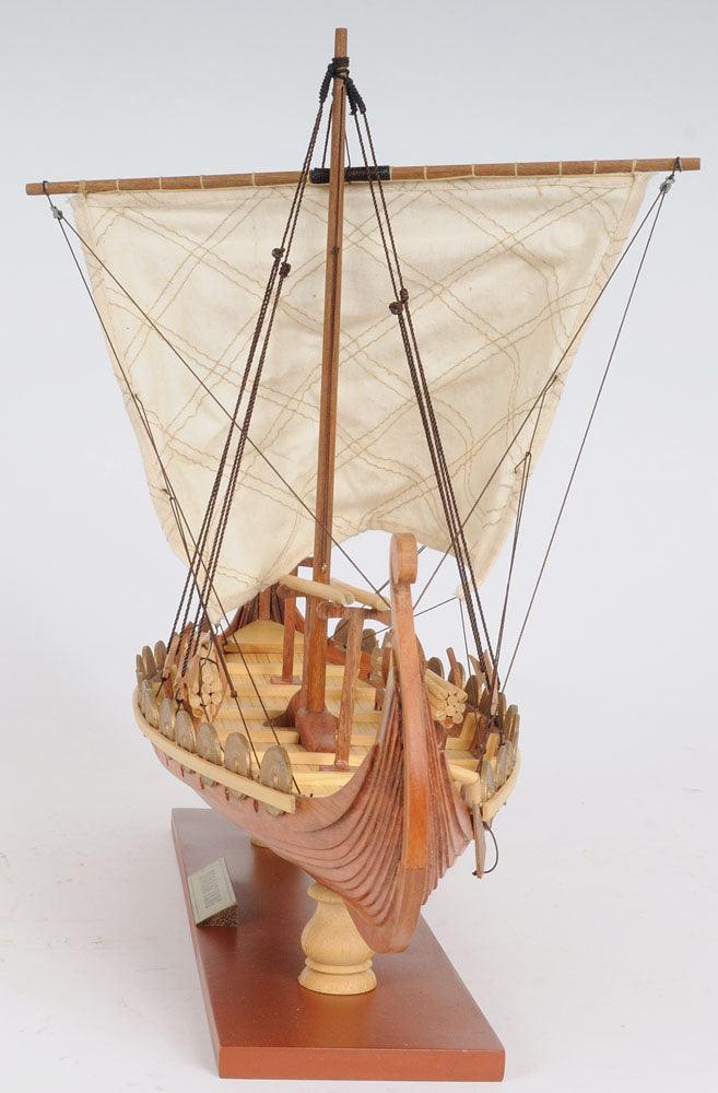 Viking Drakkar Longship Model Boat Wood Tan White Sail 12.5H x 15L - Museumize.com