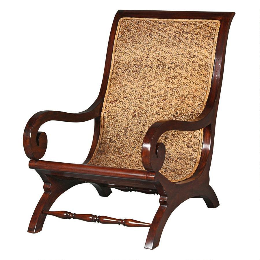 British Plantation Chair Woven Seat Dramatic Carved Swirl Arms Mahogany 35.5H - Museumize.com