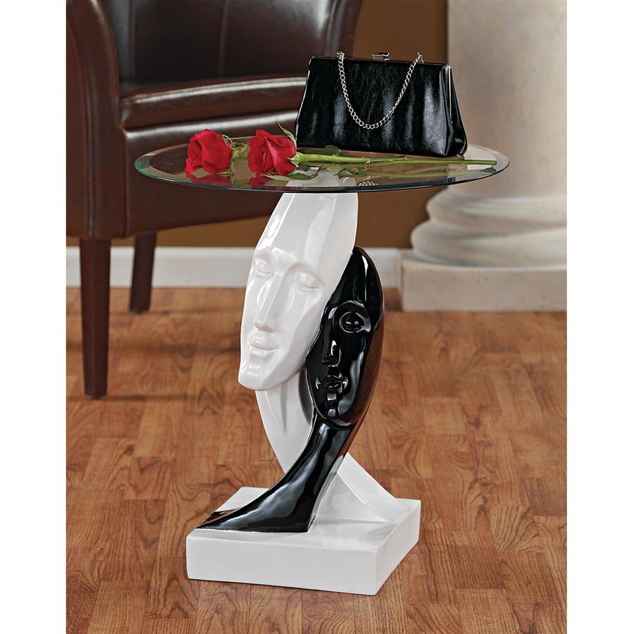 Abstract Man and Woman Intertwined Heads Black White Contemporary Side Table with Glass 20H