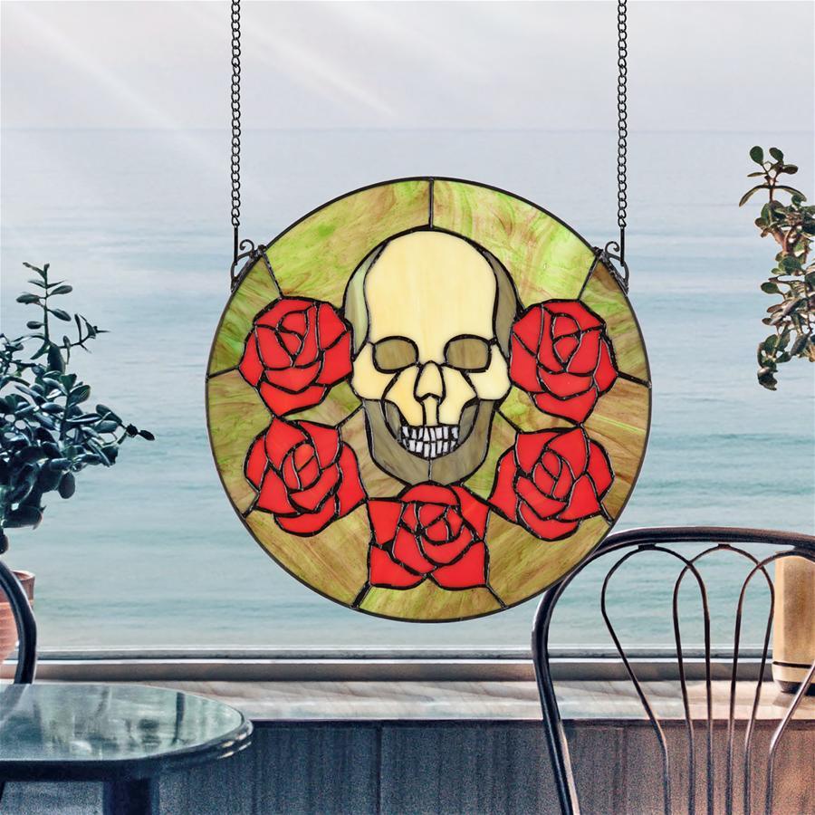 Beauty and Decay Goth Red Roses Round Stained Glass Window 14H x 14W - Museumize.com