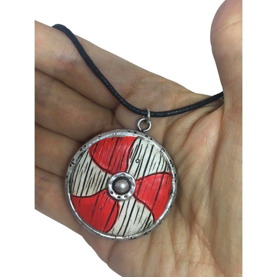 Viking Shield Red White Round Historical Costume Pendant Necklace