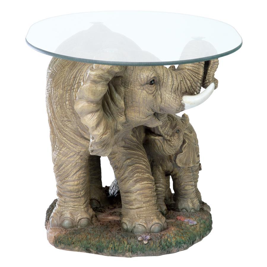 Elephant Mother and Baby Calf African Majesty Cocktail Table with Glass 18H - Museumize.com