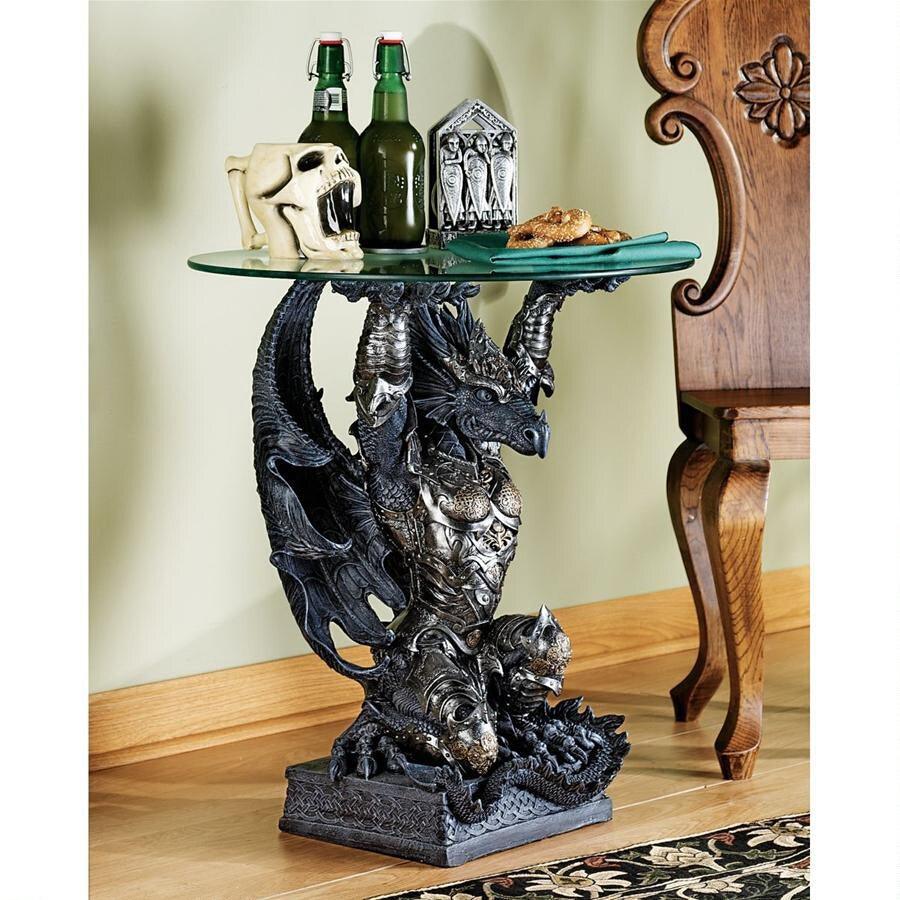 Hastings Warrior Dragon with Armor Medieval Glass Topped Sculptural Side Table 24H - Museumize.com