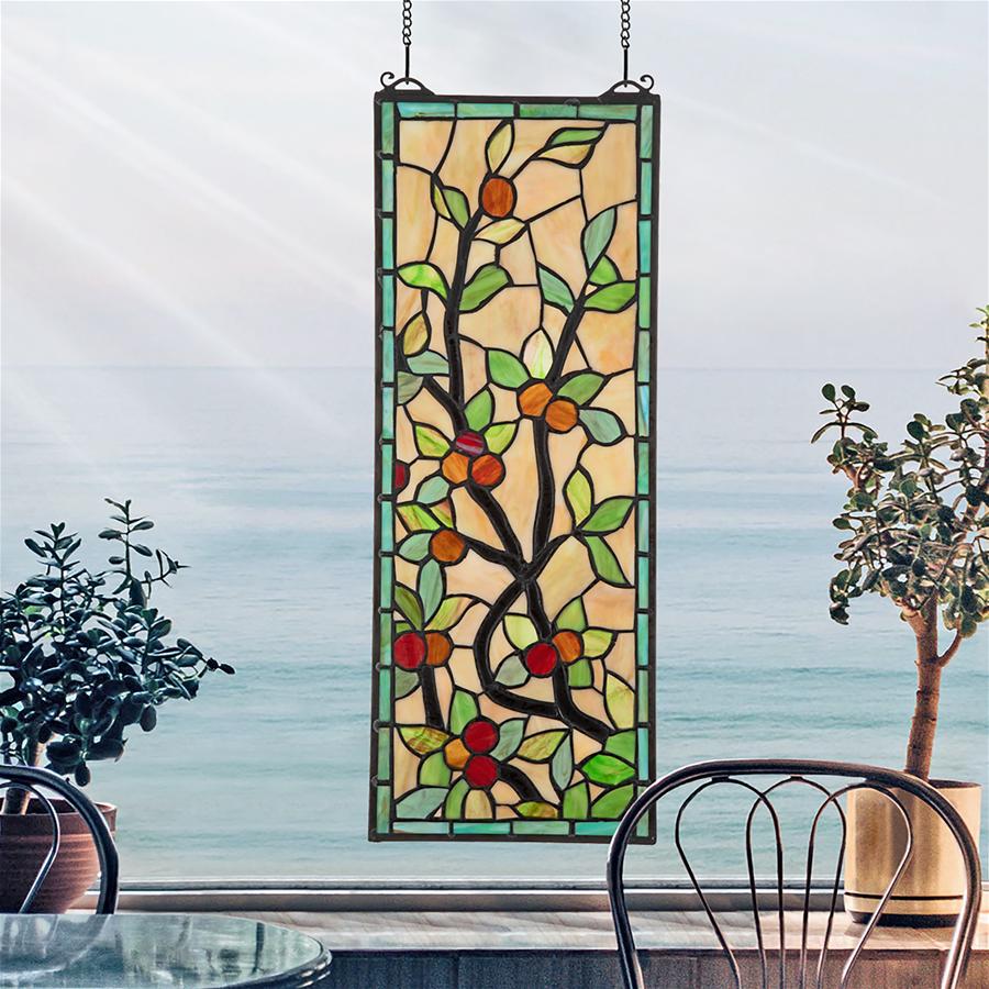 Morris Trellis Red Green Yellow Stained Glass Window 22H x 8.5W