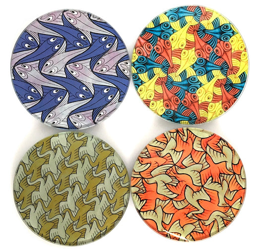 Escher Symmetry Geometric Birds Fish Stingray Bar Drink Glass Coasters Set of 4