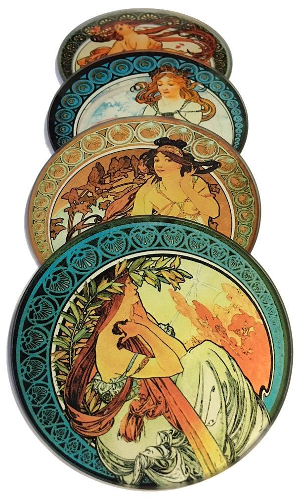 Mucha Paintings Glass Drink Bar Coasters Set of 4 with Storage Stand - Museumize.com