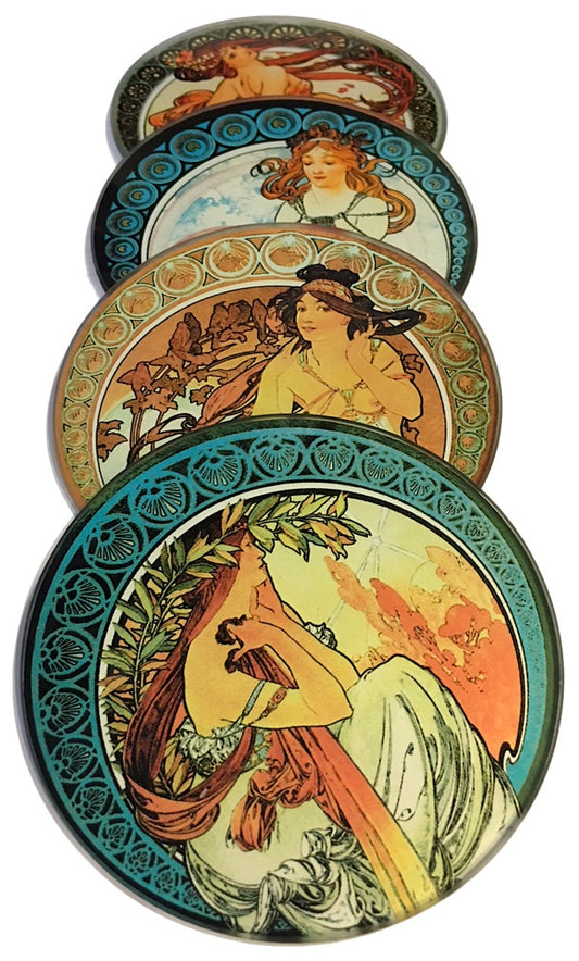 Mucha Paintings Glass Drink Bar Coasters Set of 4 with Storage Stand