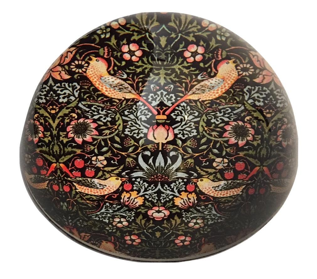 Morris Strawberry Thief Birds Flowers Red Black Glass Dome Desk Paperweight 3W - Museumize.com