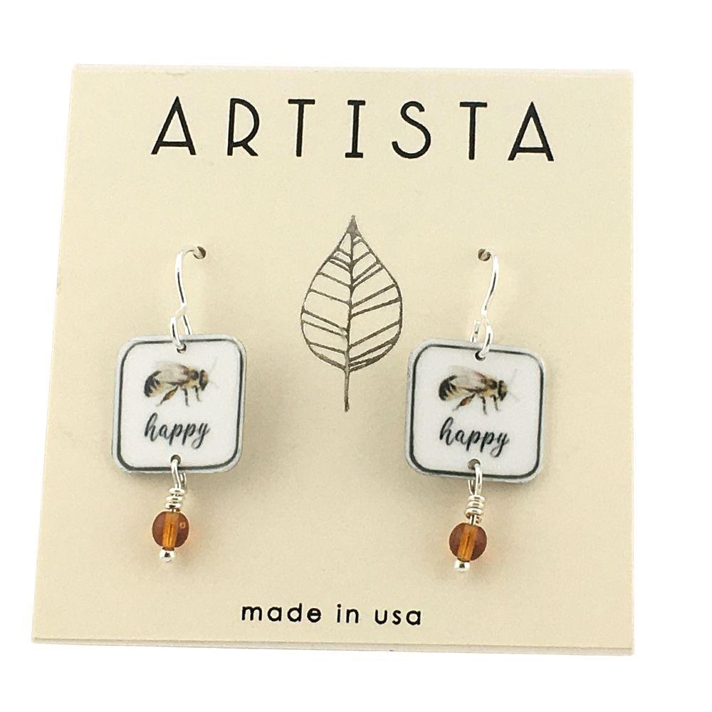 Bee Happy Small Square with Beads Handmade Artisan Earrings 1.25L - Museumize.com