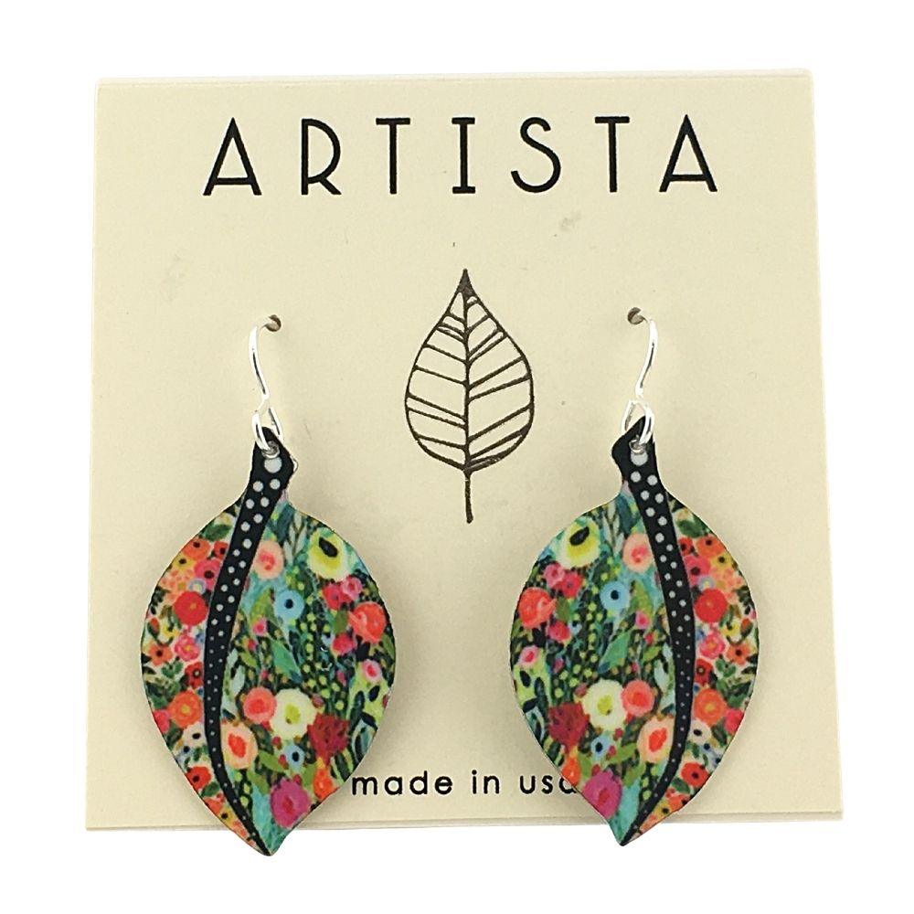 Leaf Shaped Earrings Spring Flower Pattern Aluminum Handmade Artisan Earrings 1.75L - Museumize.com