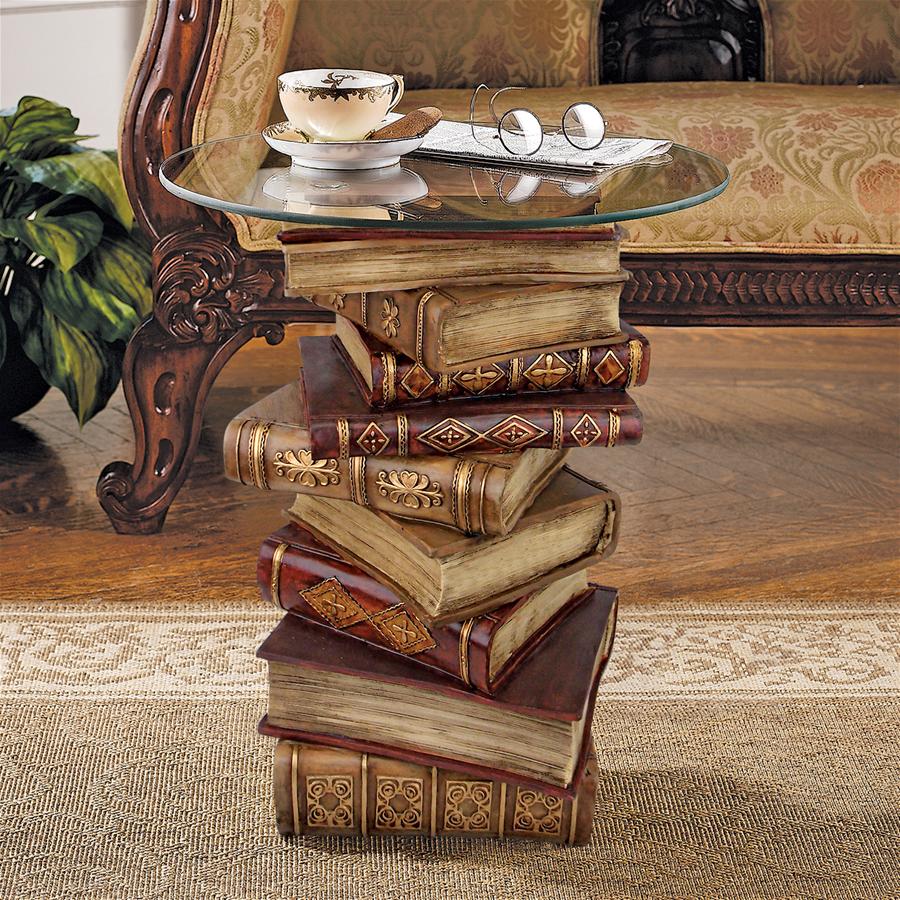 Power Of Books Side Table Books Stacked with Glass Top Library Librarian Gift 21H - Museumize.com