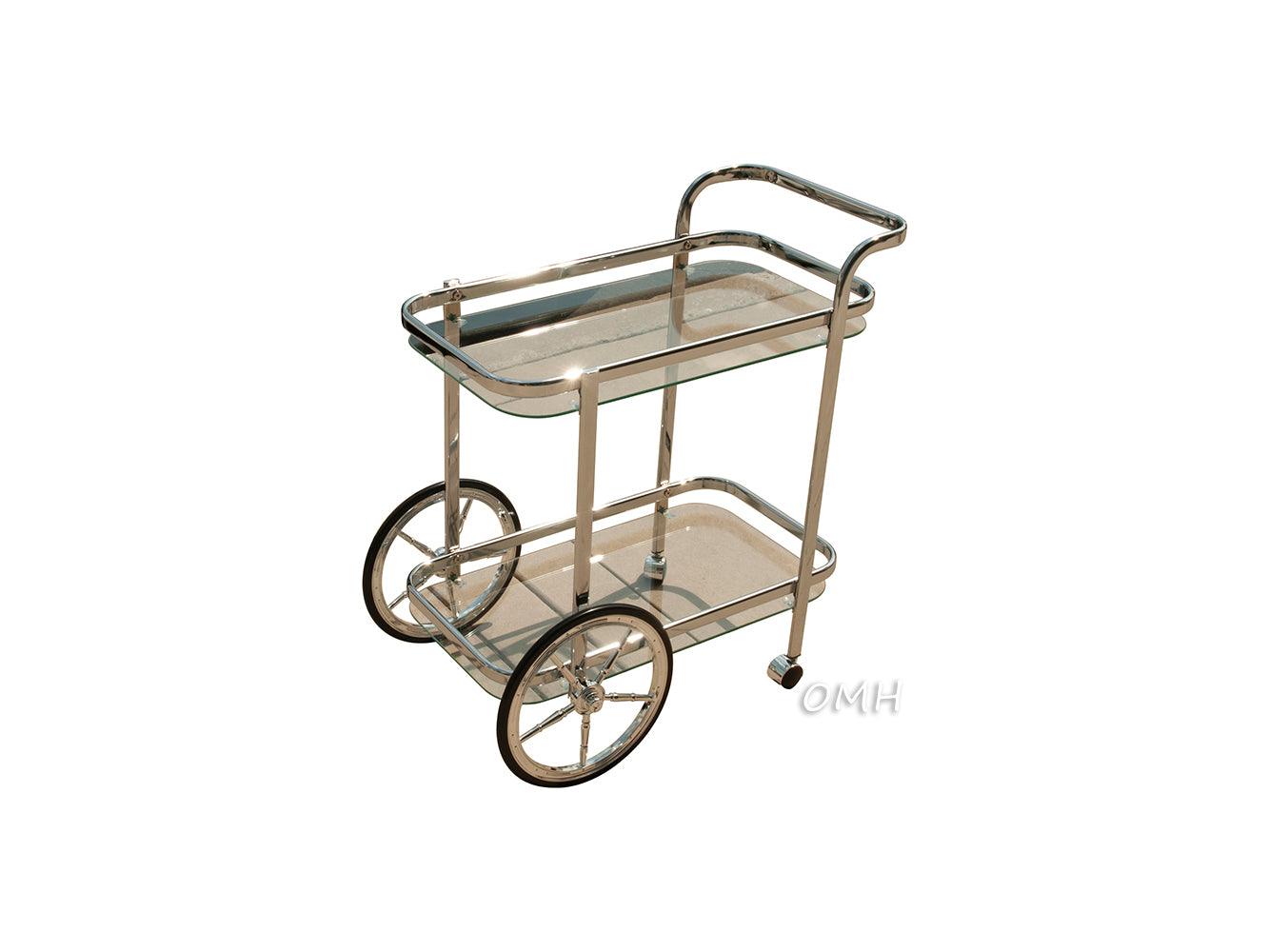 Elegant Chrome and Glass Serving Trolley with Wheels 29H - Museumize.com