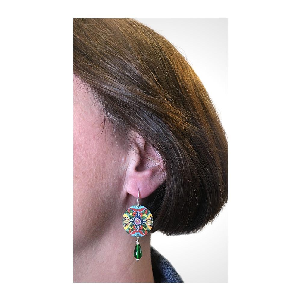 Drop Earrings with Mexican Tile Design Round Metal Handmade Artisan Earrings 1.9L - Museumize.com