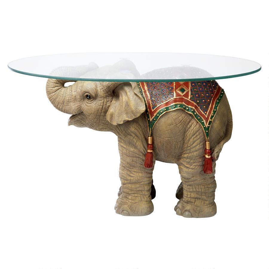 Elephant Trunk Up Accent Table Indian Festival Holi with Glass 18H - Museumize.com