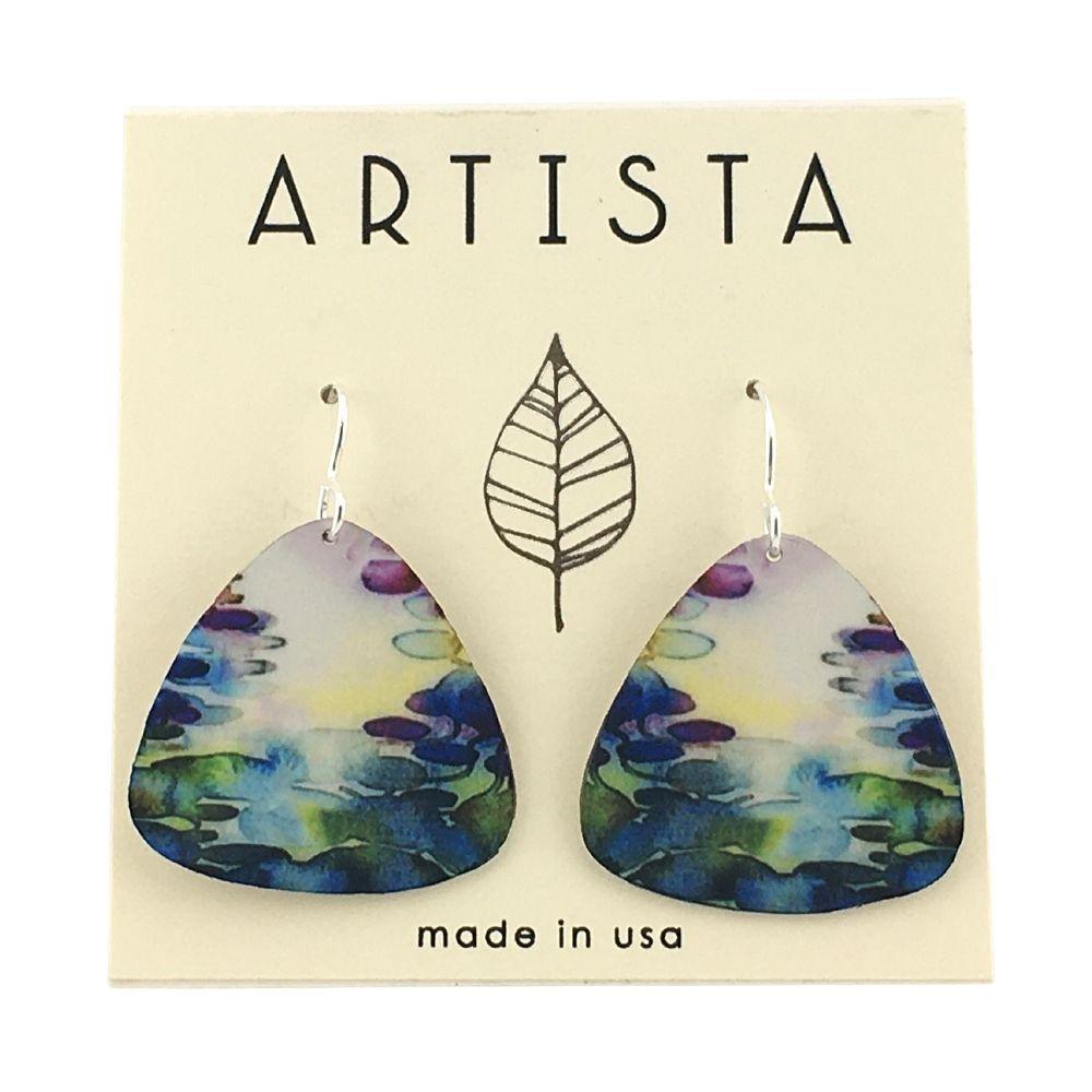 Monet Water Lilies Pond Blue Triangle Handmade Aluminum Artisan Earrings 1.58L - Museumize.com