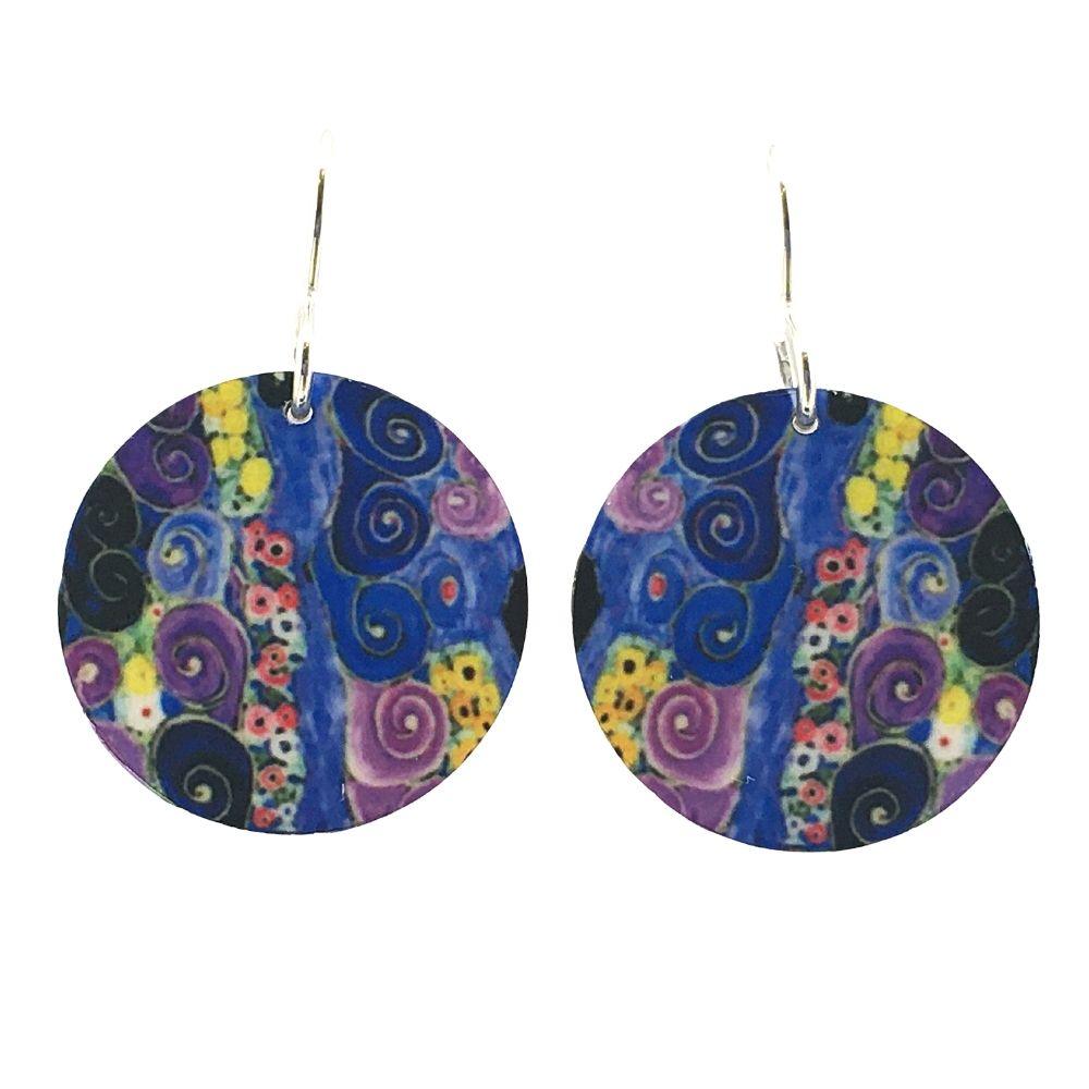 Klimt Pattern Purple Pattern Round Handmade Aluminum Artisan Earrings 1.1L - Museumize.com