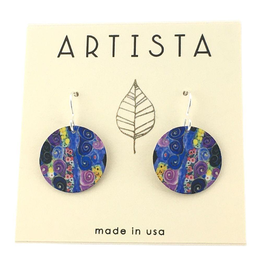 Klimt Pattern Purple Pattern Round Handmade Aluminum Artisan Earrings 1.1L - Museumize.com