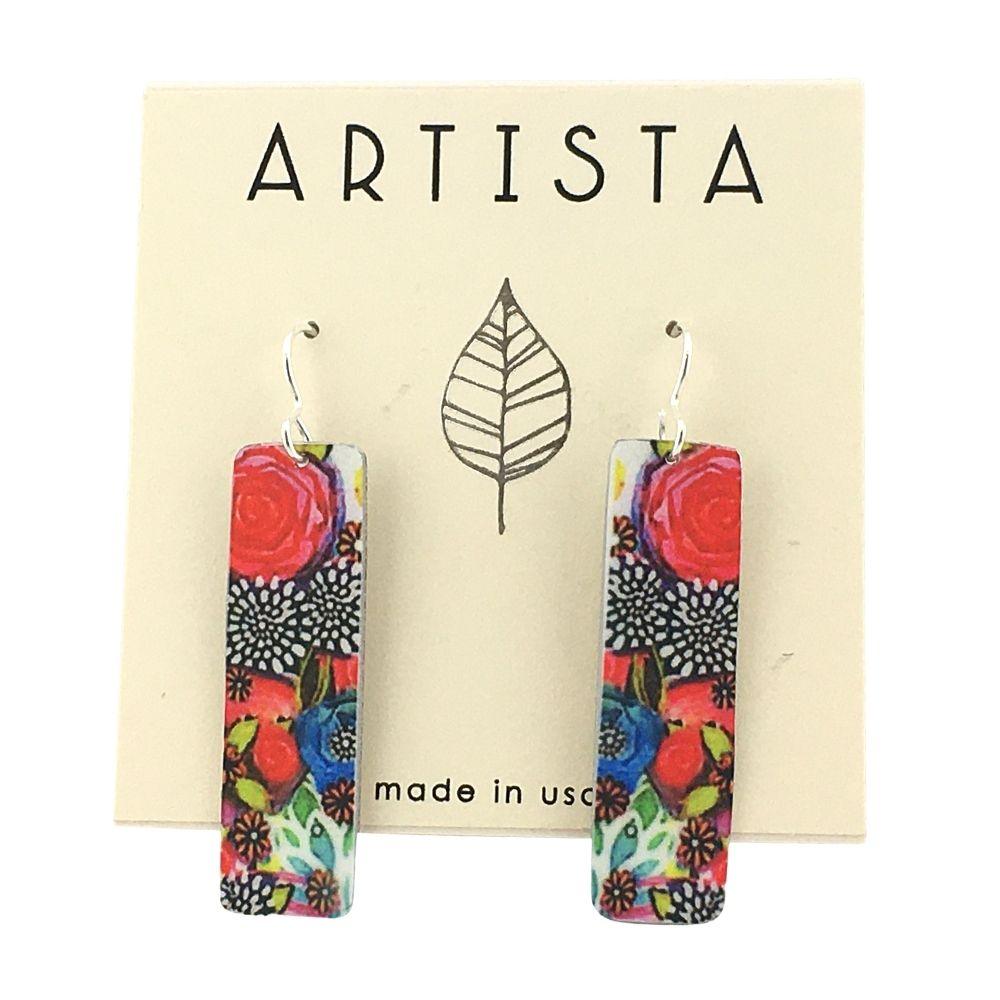 Summer Garden Red Flower Rectangle Dangle Handmade Aluminum Artisan Earrings 2L - Museumize.com