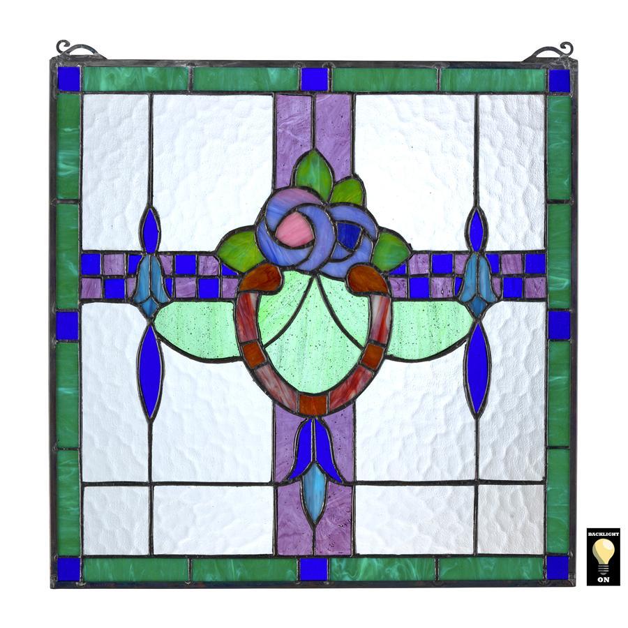 Nightshade Flowers Arts and Crafts Green Blue Square Stained Glass Window 17H x 17W - Museumize.com