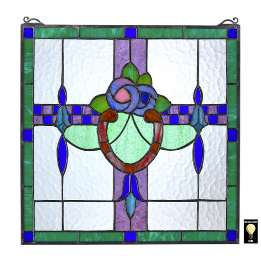 Nightshade Flowers Arts and Crafts Green Blue Square Stained Glass Window 17H x 17W