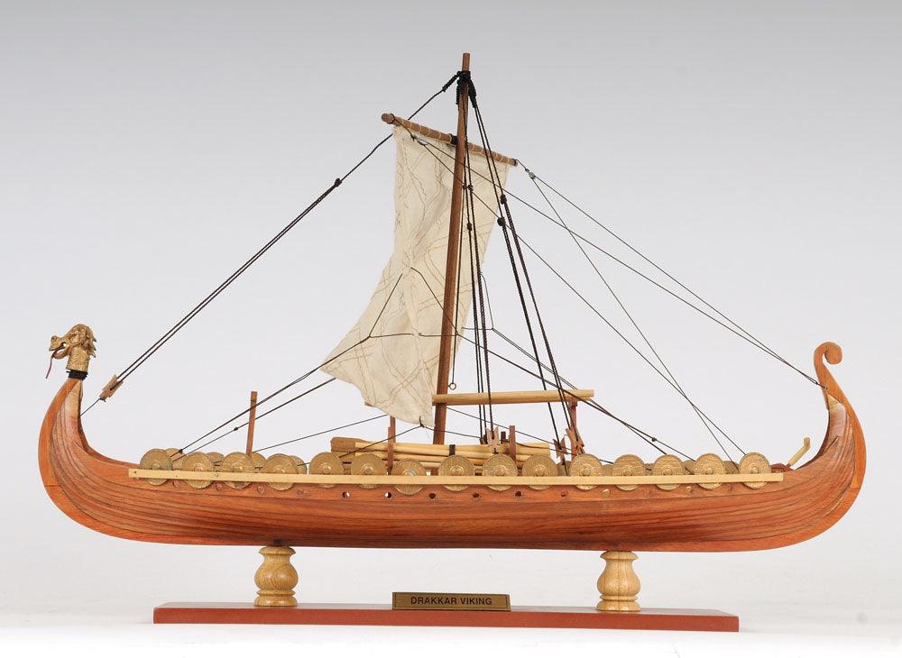 Viking Drakkar Longship Model Boat Wood Tan White Sail 12.5H x 15L - Museumize.com