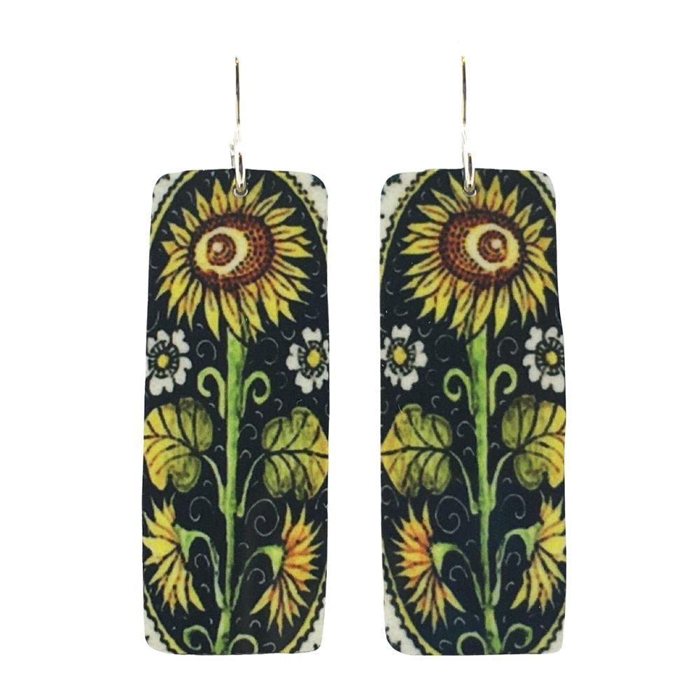 Sunflowers In Bloom Yellow Flowers Rectangle Handmade Aluminum Artisan Earrings 1.75L - Museumize.com