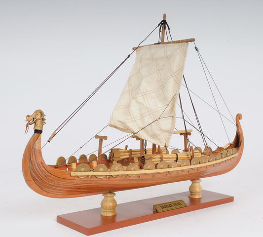 Viking Drakkar Longship Model Boat Wood Tan White Sail 12.5H x 15L