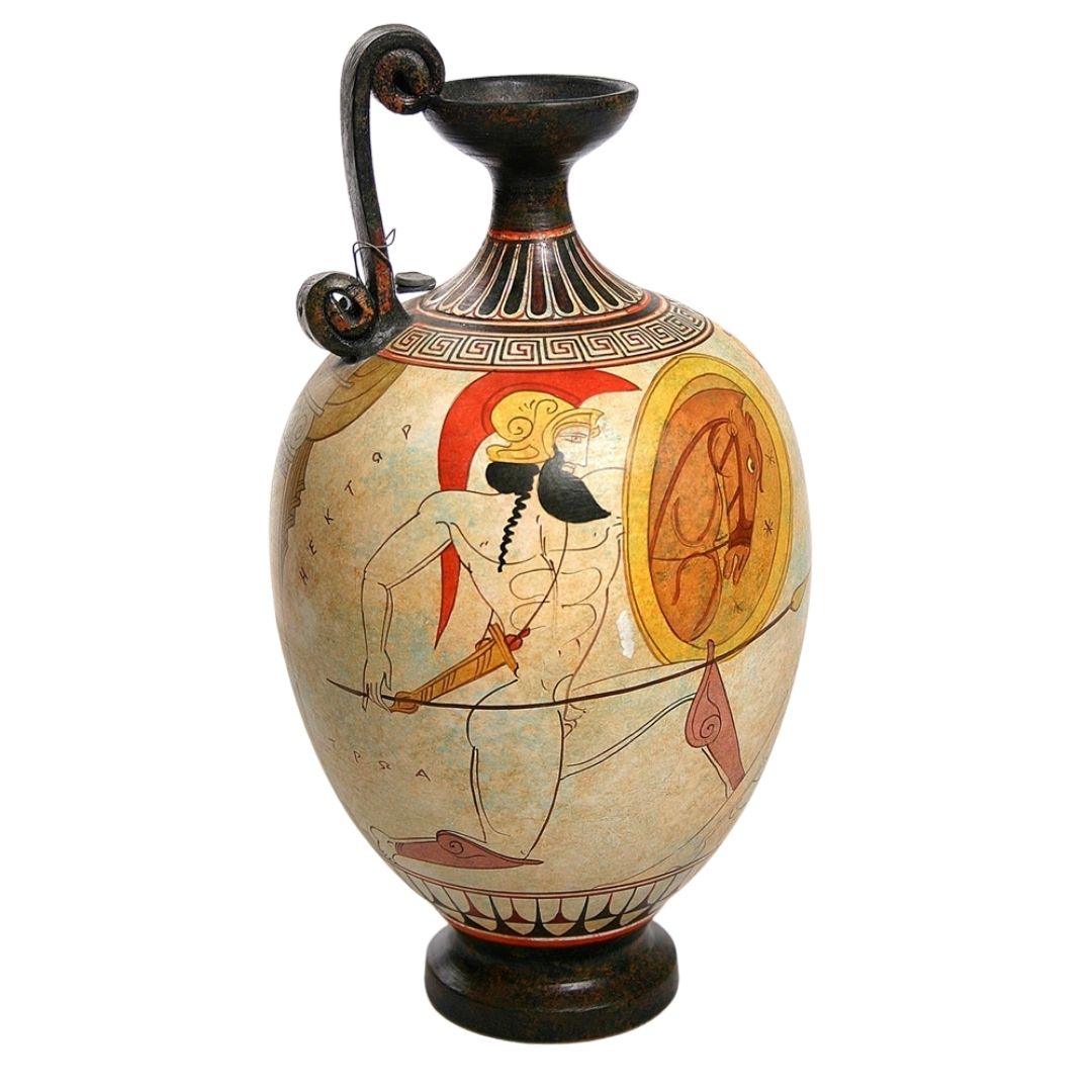 Two Warriors with Shields and Fallen Hero White Figure Greek Vase 12H - Museumize.com